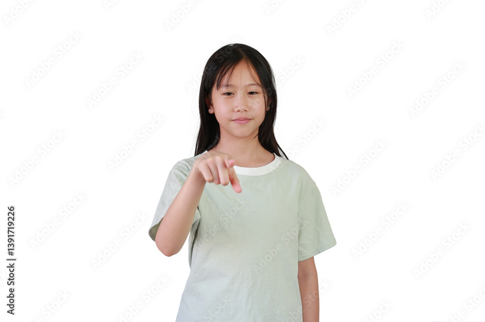 Asian girl child pointing index fingers straight at camera and looking that forefinger isolated on white studio background. Asian girl child pointing index fingers straight at camera and looking that forefinger isolated on white studio background.