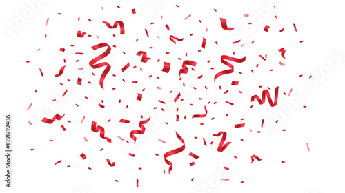 Red confetti and ribbon on transparent background. Falling red confetti celebration element. Vector illustration