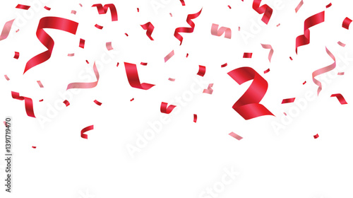 Red confetti and ribbon on transparent background. Falling red confetti celebration element. Vector illustration