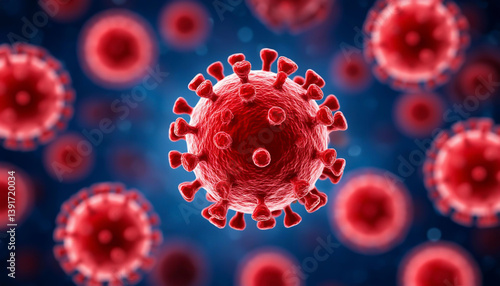 A vivid depiction of a red virus particle with spike proteins, set against a deep blue background, symbolizing the microscopic world of pathogens and the ongoing battle against infectious diseases.
