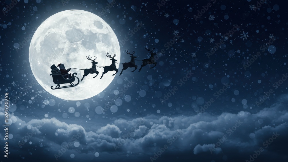 Fototapeta premium Santa's sleigh flying in front of a large moon in the night sky.