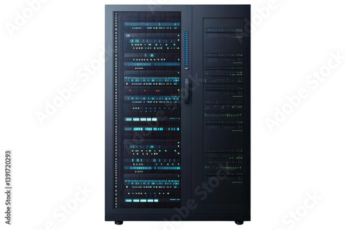 server rack with lights, isolated on white background.