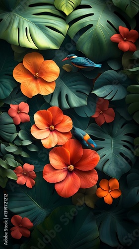 Wallpaper Mural Vibrant Tropical Phone Wallpaper 4K Vertical Background with Red and Orange Flowers, Green Leaves, and Colorful Birds

 Torontodigital.ca
