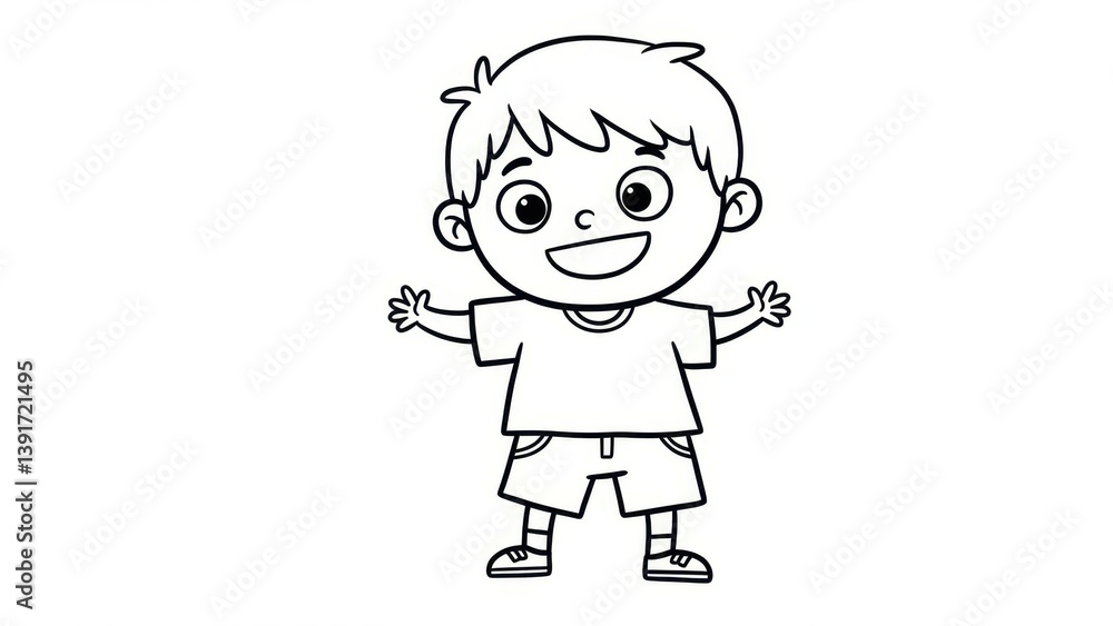 Cheerful line art cartoon of a boy with a friendly smiling expression. Cheerful line art cartoon of a boy with a friendly smiling expression.