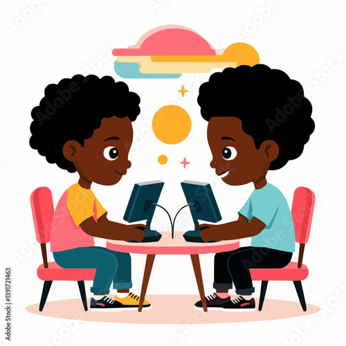 Two young boys interacting on a shared computer desk