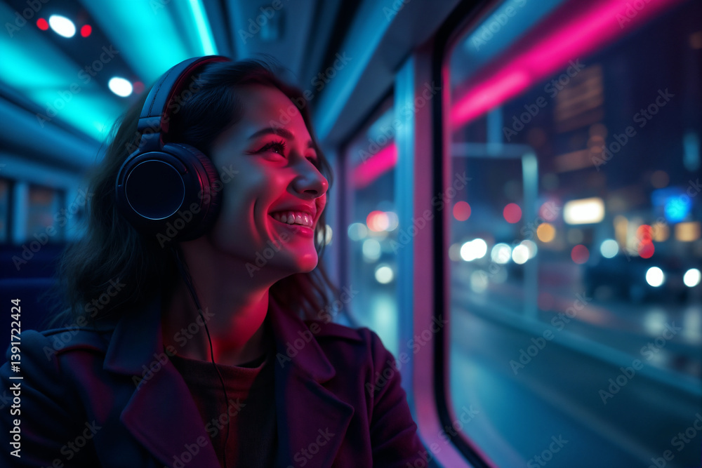 happy girl in headphones rides sky train, listens to music and looks at night city street in illumination and street lights