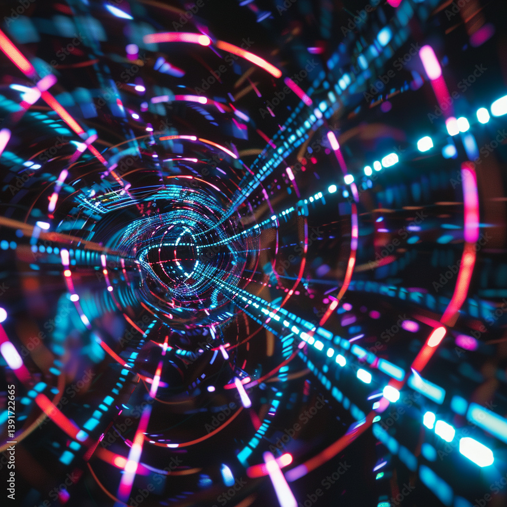 Fototapeta premium Neon light tunnel forms a glowing vortex of blue and magenta streaks moving rapidly through a dark digital space suitable for technology advertising graphics.