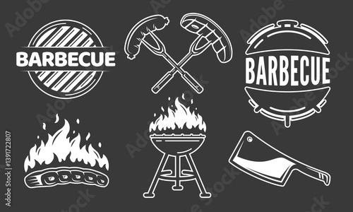 Grill BBQ vector icon set isolated on black background. Design elements bbq, grill, meat, fork, knife and sousage. Vector illusteration