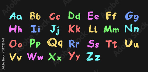 Colorful English alphabet hand-drawn in a crayon. Capital and lowercase letters in chalk, pastel, or wax style. Highlighter effect on board for kindergarten drawing and learning. Vector illustration