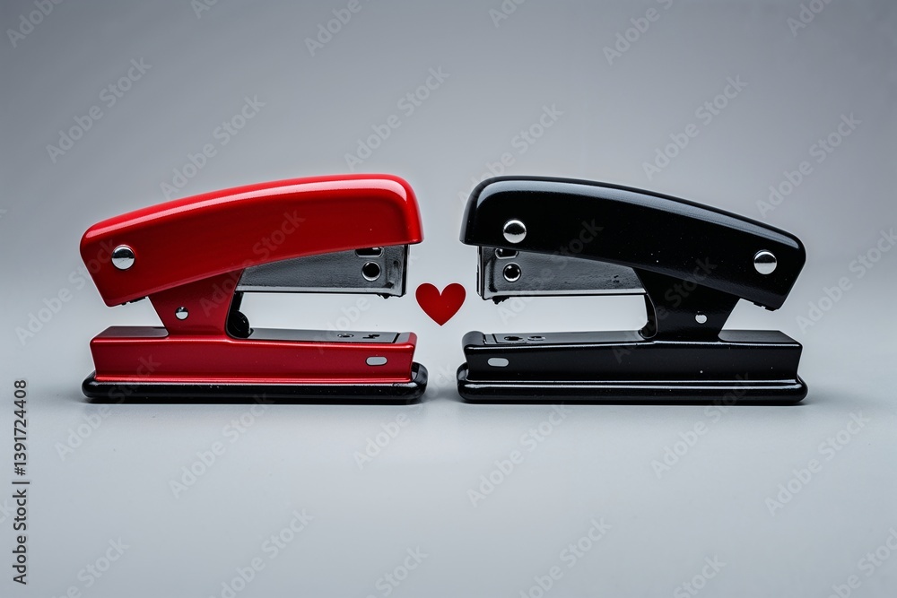 Two Red Staplers Facing Each Other with Heart Between Them Two Red Staplers Facing Each Other with Heart Between Them
