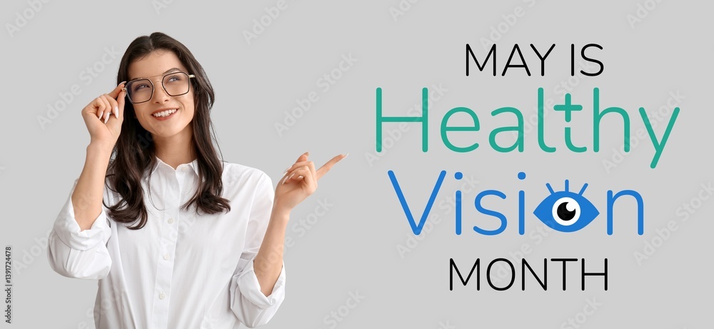 Happy woman in eyeglasses on grey background. Healthy Vision Month