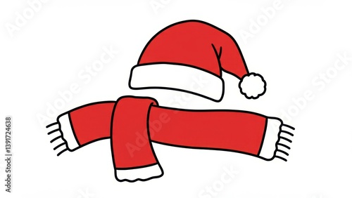 An illustration of a red Santa hat and a scarf on a white background.