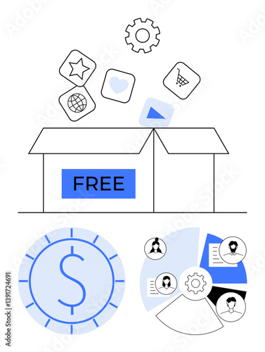 Open box labeled free with apps and tools emerging, dollar coin, user profile icons, gear, and data charts. Ideal for business, marketing, promotion, user experience cost community service models