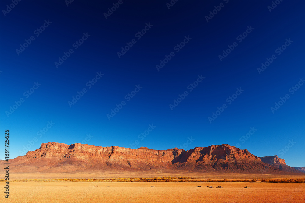 Naklejka premium large flat mountain range in desert of Utah under clear blue sky, showcasing stunning natural landscape and golden grassland