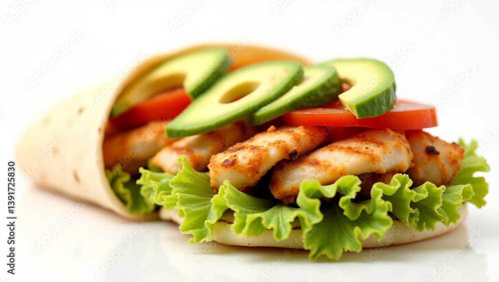 Grilled Chicken Wrap with Avocado, Lettuce, and Tomato – Healthy Fast Food on White Background Grilled Chicken Wrap with Avocado, Lettuce, and Tomato – Healthy Fast Food on White Background
