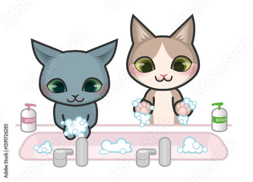 石鹸で手を洗っている2匹の猫のキャラクター