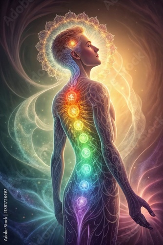 Human aura and chakras energy body visualization for healing blogs, yoga websites, meditation apps, healing practice promotion, spiritual coaching, and holistic therapy marketing