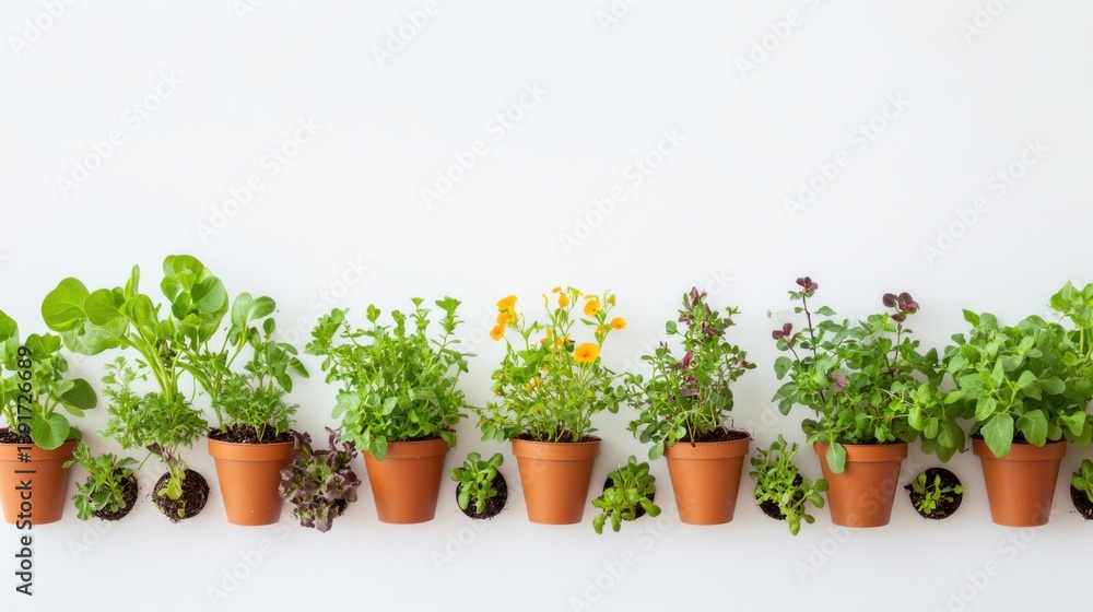 Fototapeta premium Fresh Herbs and Green Plants in Terracotta Pots on White Background