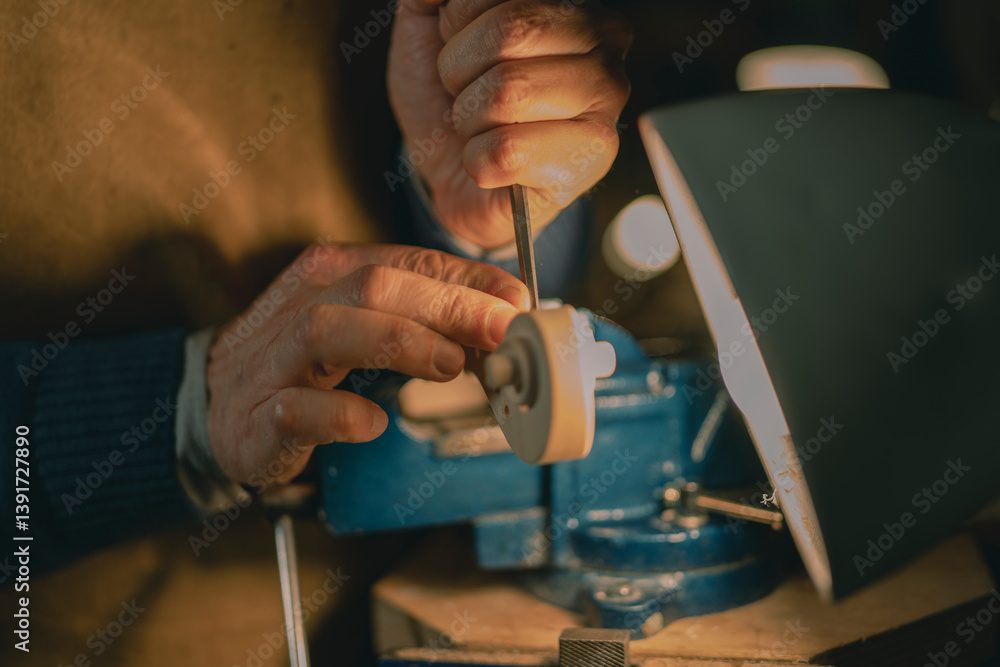 Focused on the violin scroll, this Cremona craftsman uses a chisel and a bright lamp, highlighting the fine details of carving with tradition-rich tools on a classic wooden workbench setting. Focused on the violin scroll, this Cremona craftsman uses a chisel and a bright lamp, highlighting the fine details of carving with tradition-rich tools on a classic wooden workbench setting.