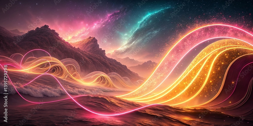 Neon Energy River Flowing Through Surreal Mountain Landscape at Night Neon Energy River Flowing Through Surreal Mountain Landscape at Night