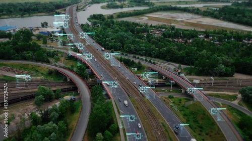 Futuristic satellite view of traffic surveillance on a busy expressway with added HUD elements. Artificial intelligence scans the environment, detects cars, tracks vehicles and identifies drivers, 4k.
