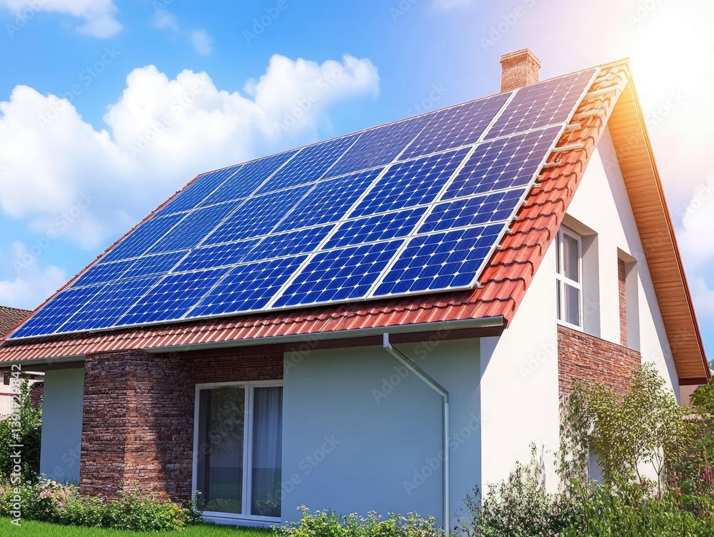 Fototapeta premium Solar power energy on the roof to a standard modern house.
