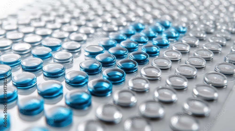 Blue and Clear Circles Arranged in a Geometric Pattern on Surface Blue and Clear Circles Arranged in a Geometric Pattern on Surface