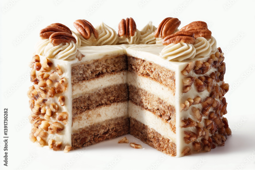 Rich pecan cake with creamy frosting, topped with whole pecans and chopped nuts, showcasing delicious slice Rich pecan cake with creamy frosting, topped with whole pecans and chopped nuts, showcasing delicious slice