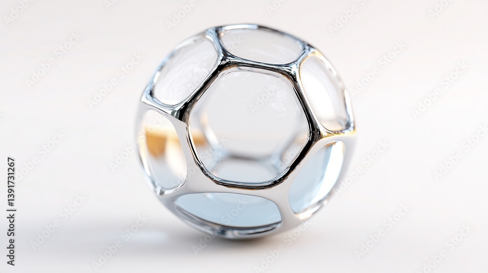 Naklejka premium A shiny, transparent soccer ball made of metallic material, featuring a unique hexagonal pattern, reflecting light against a soft background.