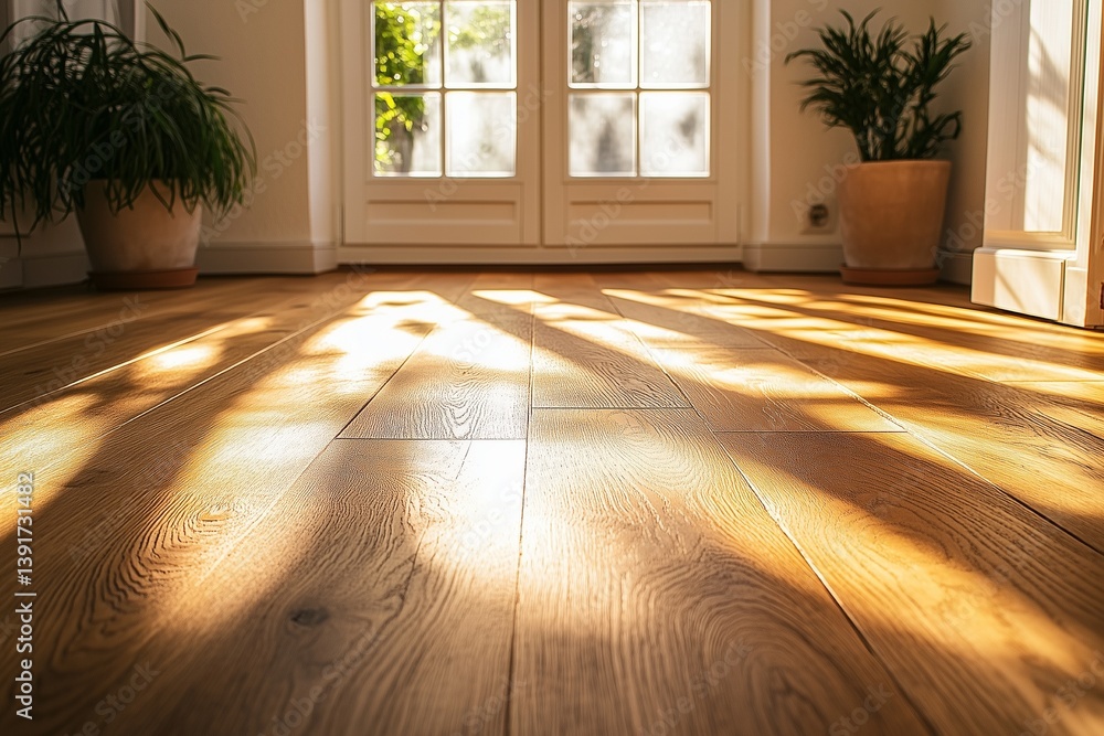 Fototapeta premium Serene wooden floor bathed in warm sunlight