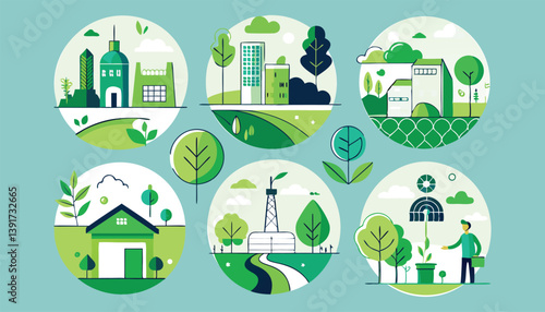 Easter icons and eggs with cartoon vector houses in a residential eco village set