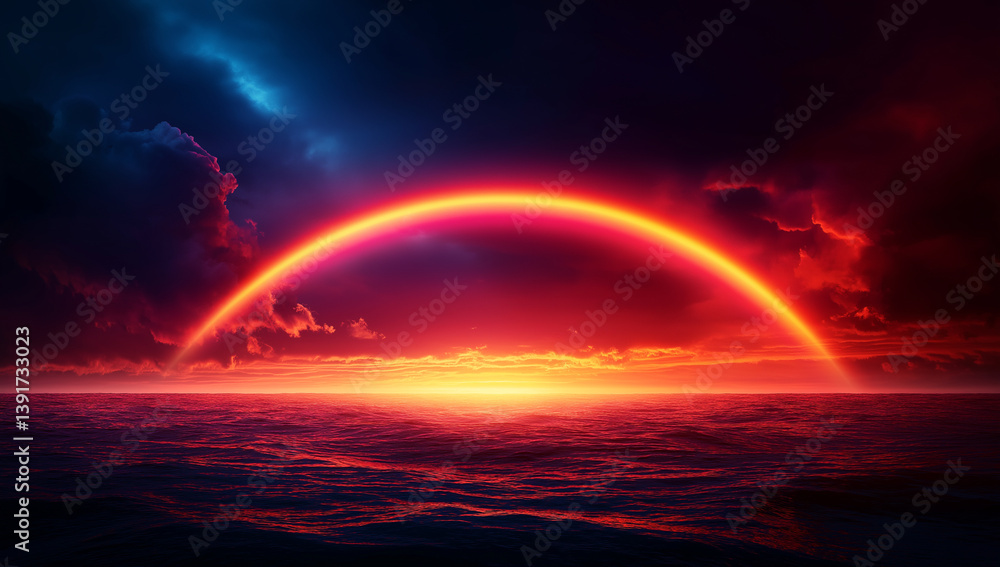 Fototapeta premium stunning rainbow arches over vibrant sunset, casting colorful reflections on ocean waves. dramatic sky features dark clouds illuminated by warm hues, creating breathtaking scene