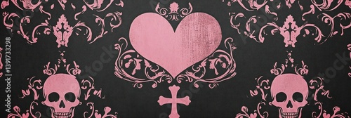 Whimsical gothic pattern with heart, skull and cross motifs in pink tones