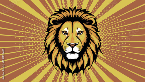Vivid Pop Art Illustration of Majestic Lion with Radiating Background 