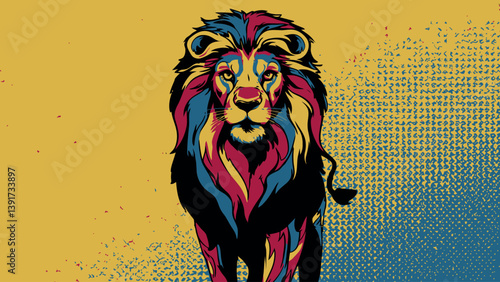 Vivid Pop Art Illustration of Majestic Lion with Radiating Background 