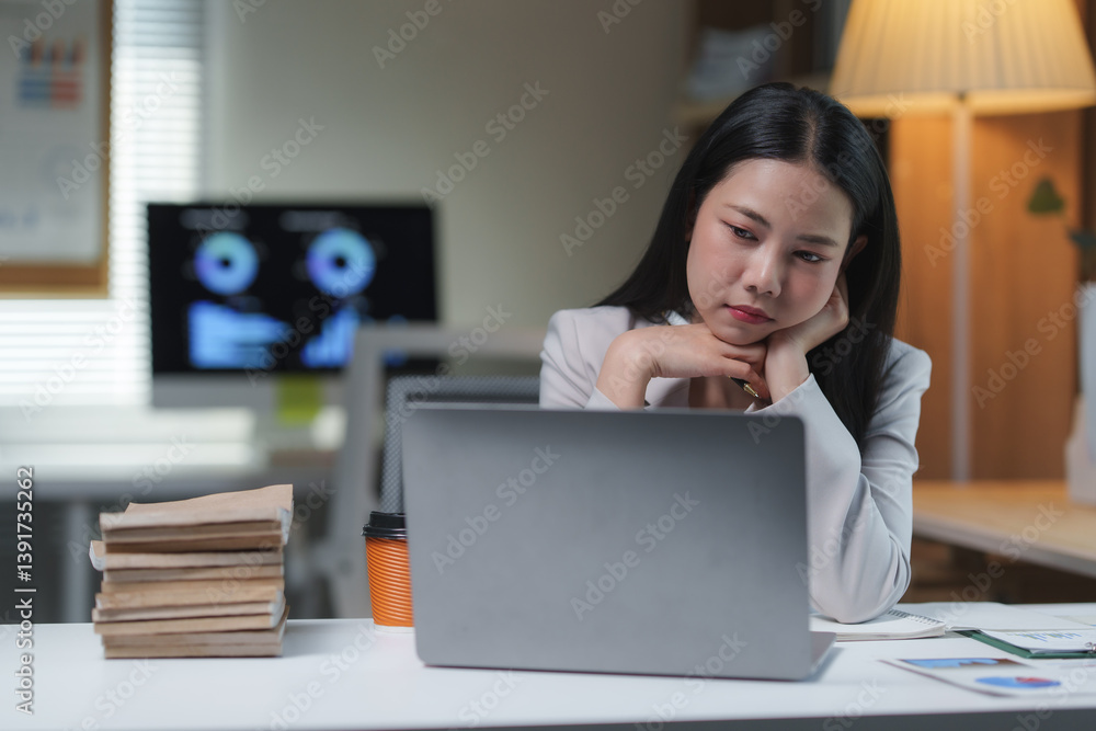 Young asian businesswoman is feeling bored and tired while working on a laptop computer in the office at night, she is resting her head on her hands Young asian businesswoman is feeling bored and tired while working on a laptop computer in the office at night, she is resting her head on her hands