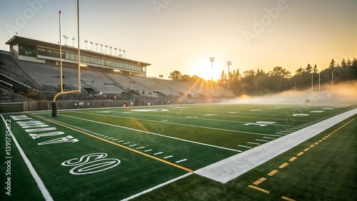 Wide-angle view of an American football field at golden hour, with freshly painted yard lines, vibrant green turf, and goalposts gleaming under the fading sunlight.
