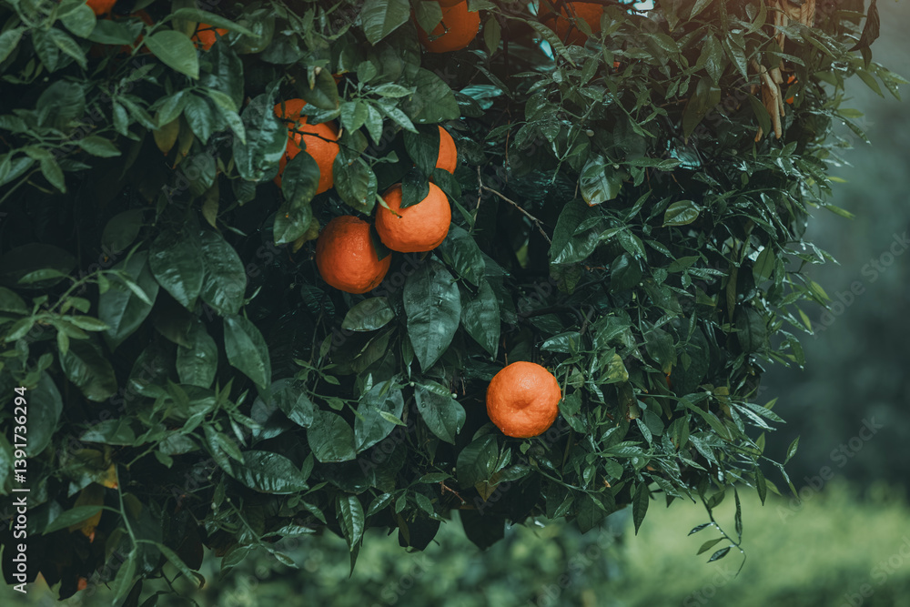 Close up of ripe oranges growing on a tree branch with wet leaves, creating a vibrant and refreshing scene in an orchard