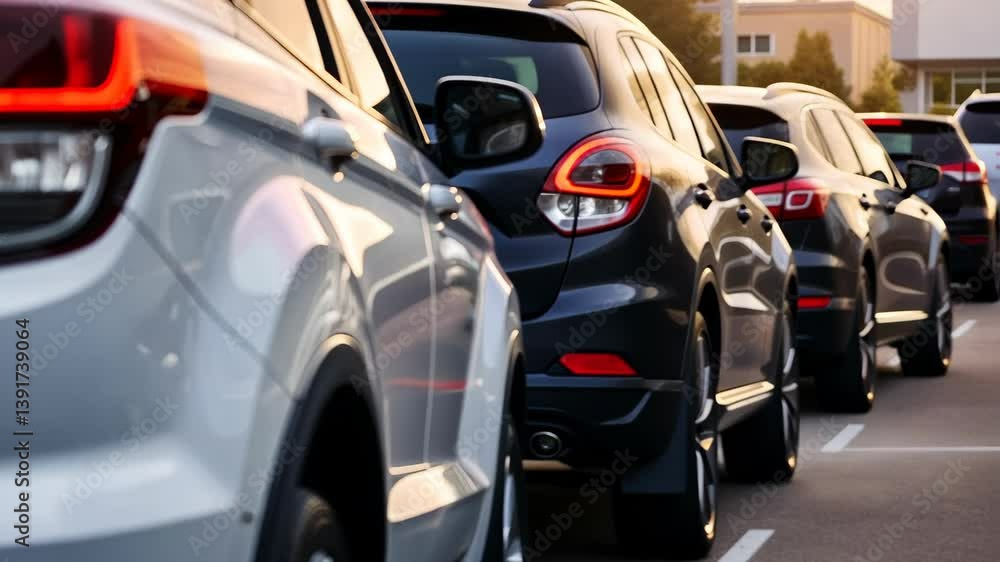 Multiple cars are parked closely together in a busy urban area, showcasing different colors and models as the sun begins to set Multiple cars are parked closely together in a busy urban area, showcasing different colors and models as the sun begins to set
