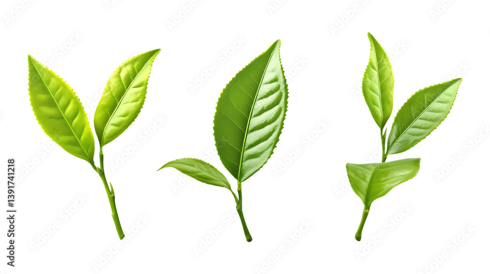 Pack of Green Tea Leaf set of Three Different Poses set Against Transparent Background for Organic Product Branding, Health Promotion, or Beverage Design Projects Pack of Green Tea Leaf set of Three Different Poses set Against Transparent Background for Organic Product Branding, Health Promotion, or Beverage Design Projects