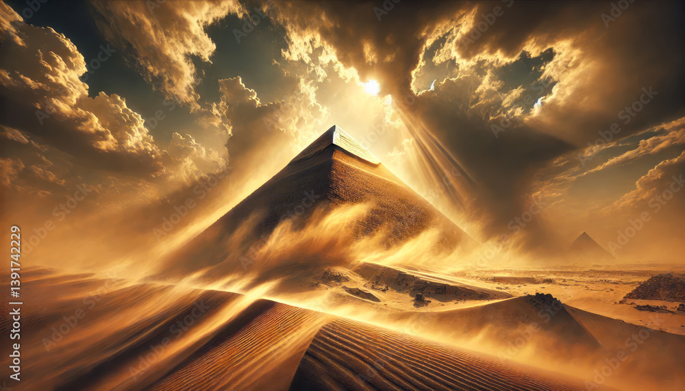 great pyramid of giza and the two other pyramids under a dramatic sky at night, generative ai