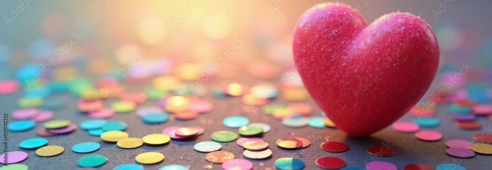 Red heart centerpiece amidst multicolored confetti, showcasing romantic and celebratory themes.