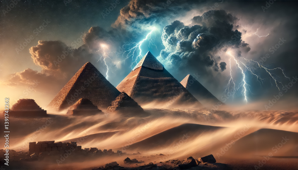 great pyramid of giza and the two other pyramids during a dramatic desert storm at night, generative ai
