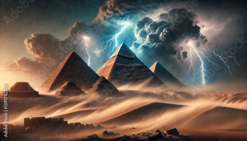 Obraz na płótnie great pyramid of giza and the two other pyramids during a dramatic desert storm at night, generative ai w salonie