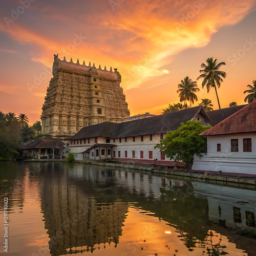 Golden Reflection Sunset at Padmanabhaswamy Temple  
