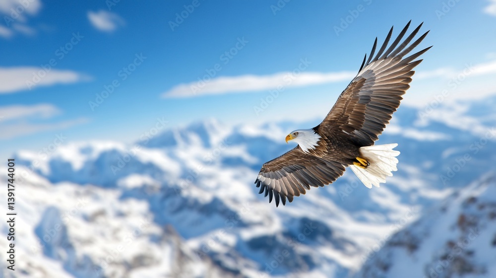Fototapeta premium Bald eagle soaring, snowy mountains