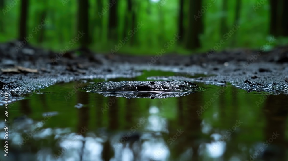 Fototapeta premium Puddle in a forest path. Dark water reflects lush green trees. A small rock is visible through the still water
