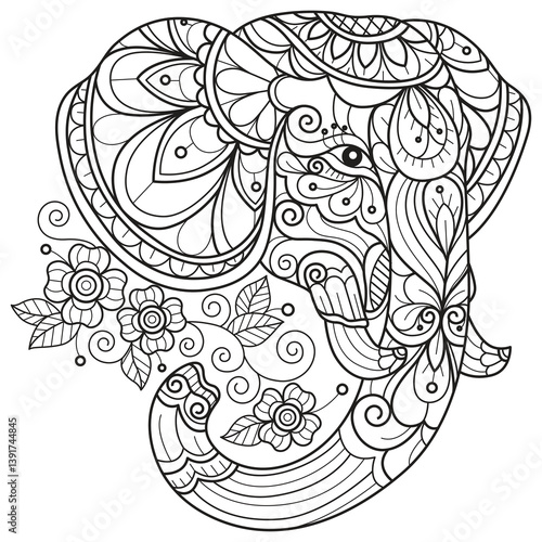 Cute elephant head hand drawn for adult coloring book