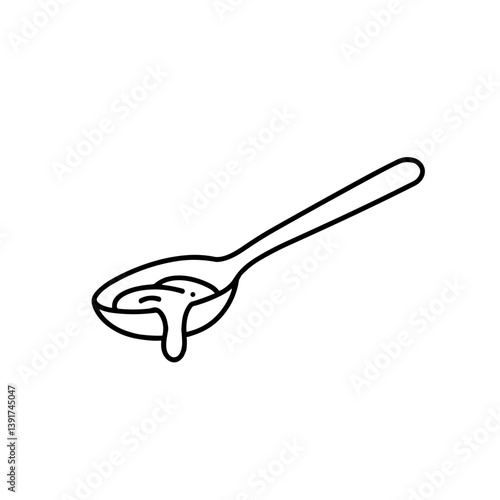 Line art spoon with dripping substance on white background  