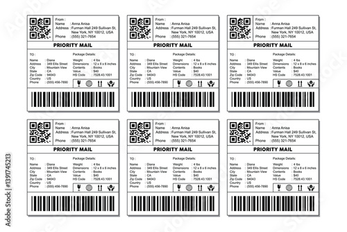 Editable Shipping Label Template with Barcode and Fragile Warning. Printable Priority Mail Form for Packages and E-Commerce